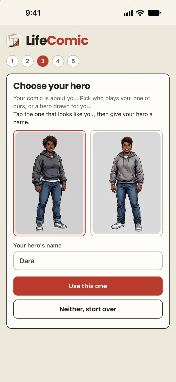 Choose your hero: two drawn versions of Dara side by side, with Use this one beneath