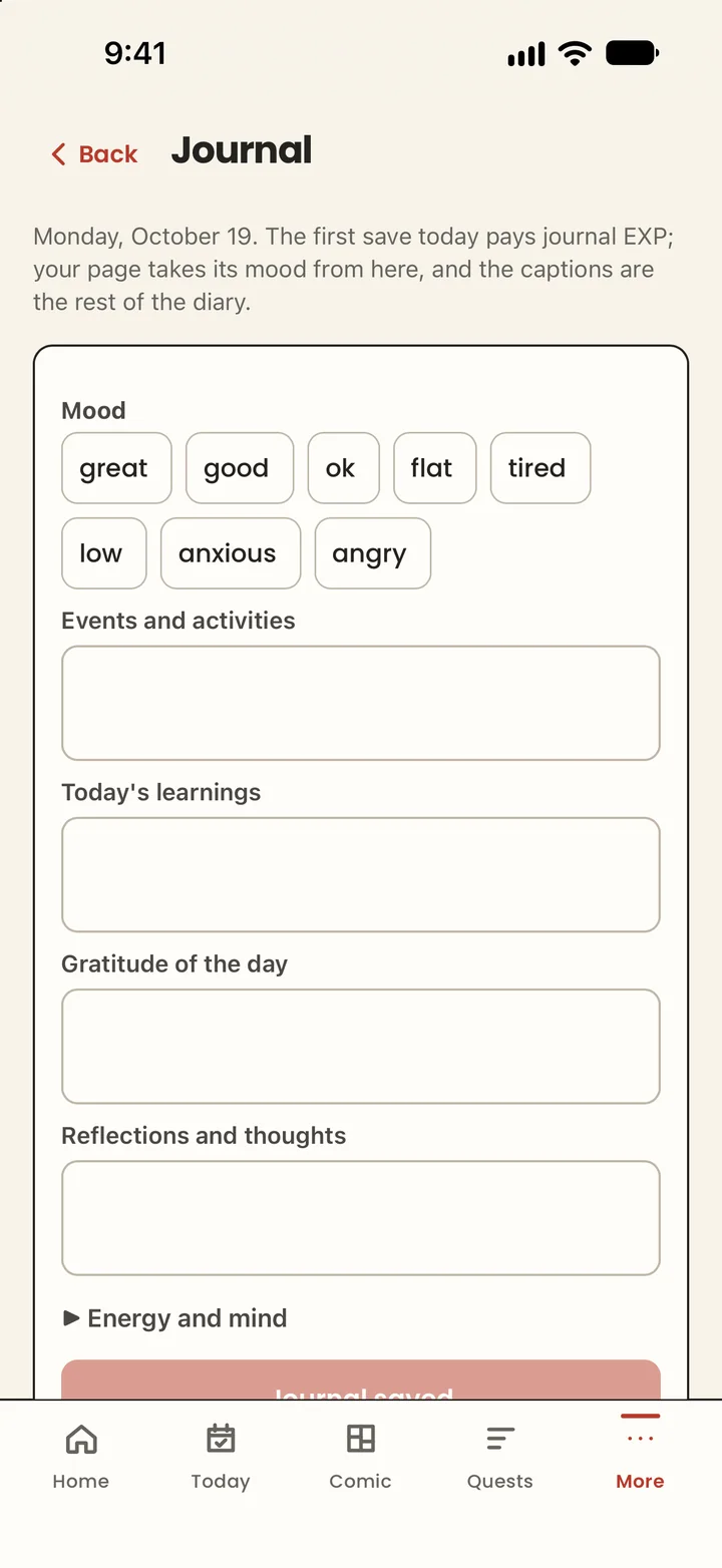 The journal: mood words from great to angry, and sliders for energy through the day