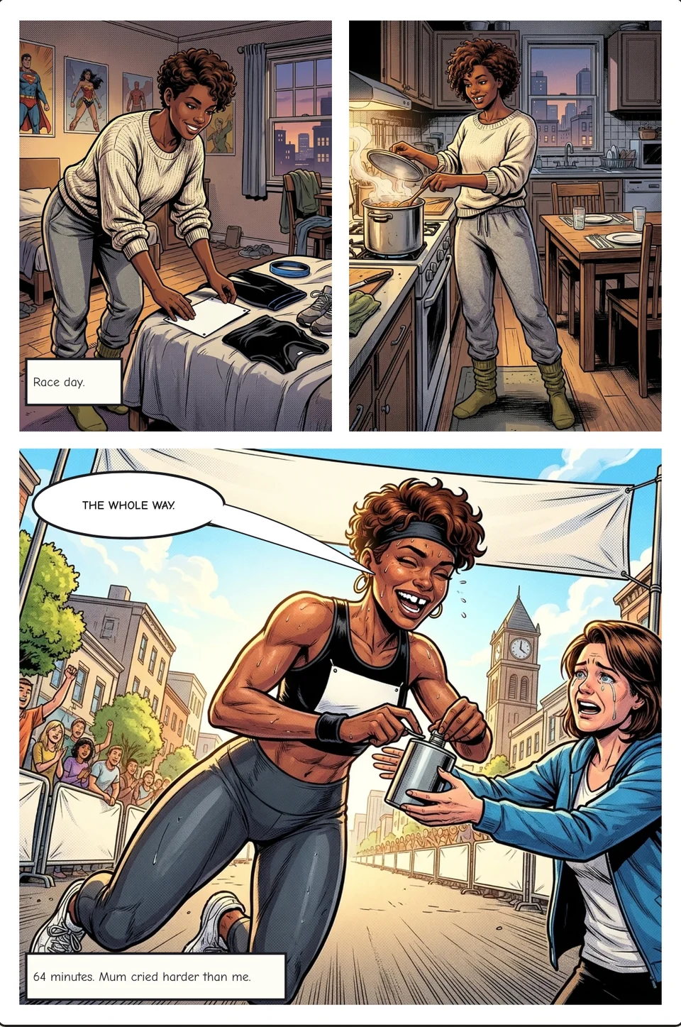 A comic page of Dara's race day: laying out her kit, cooking the night before, and crossing the finish line while her mum holds out a flask
