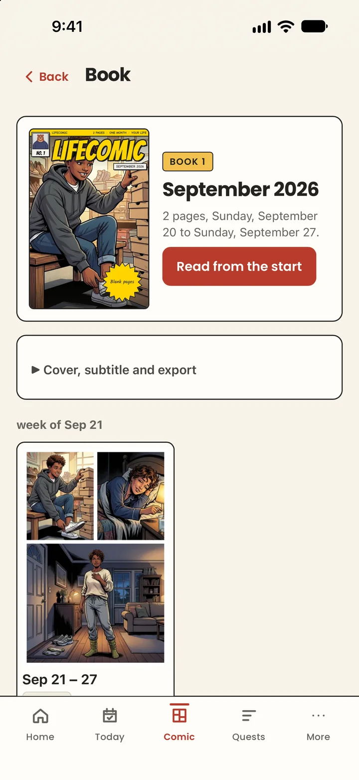 Book 1, September 2026, with a drawn cover of Otis at his desk, and its subtitle Blank pages